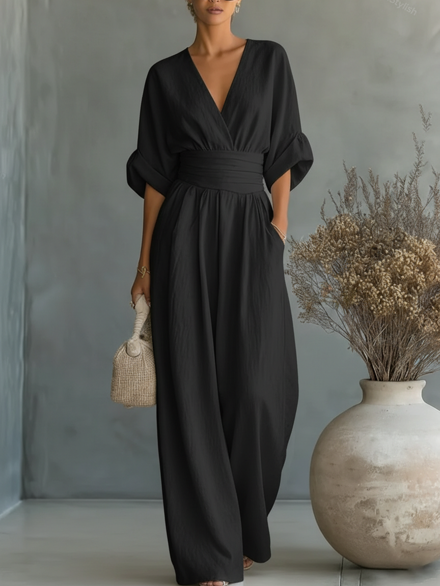 Mono Elegante con Escote en V y Cintura Alta — Sofisticación que define tu estilo
