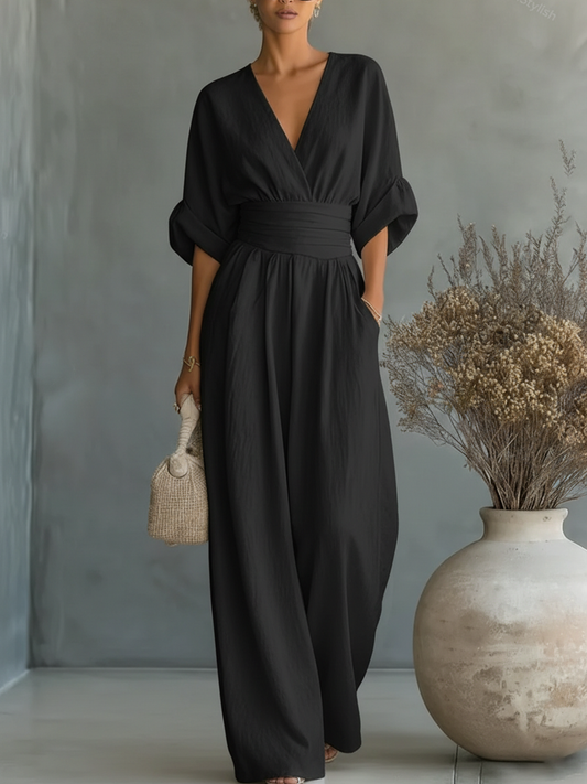 Mono Elegante con Escote en V y Cintura Alta — Sofisticación que define tu estilo