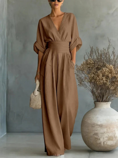 Mono Elegante con Escote en V y Cintura Alta — Sofisticación que define tu estilo