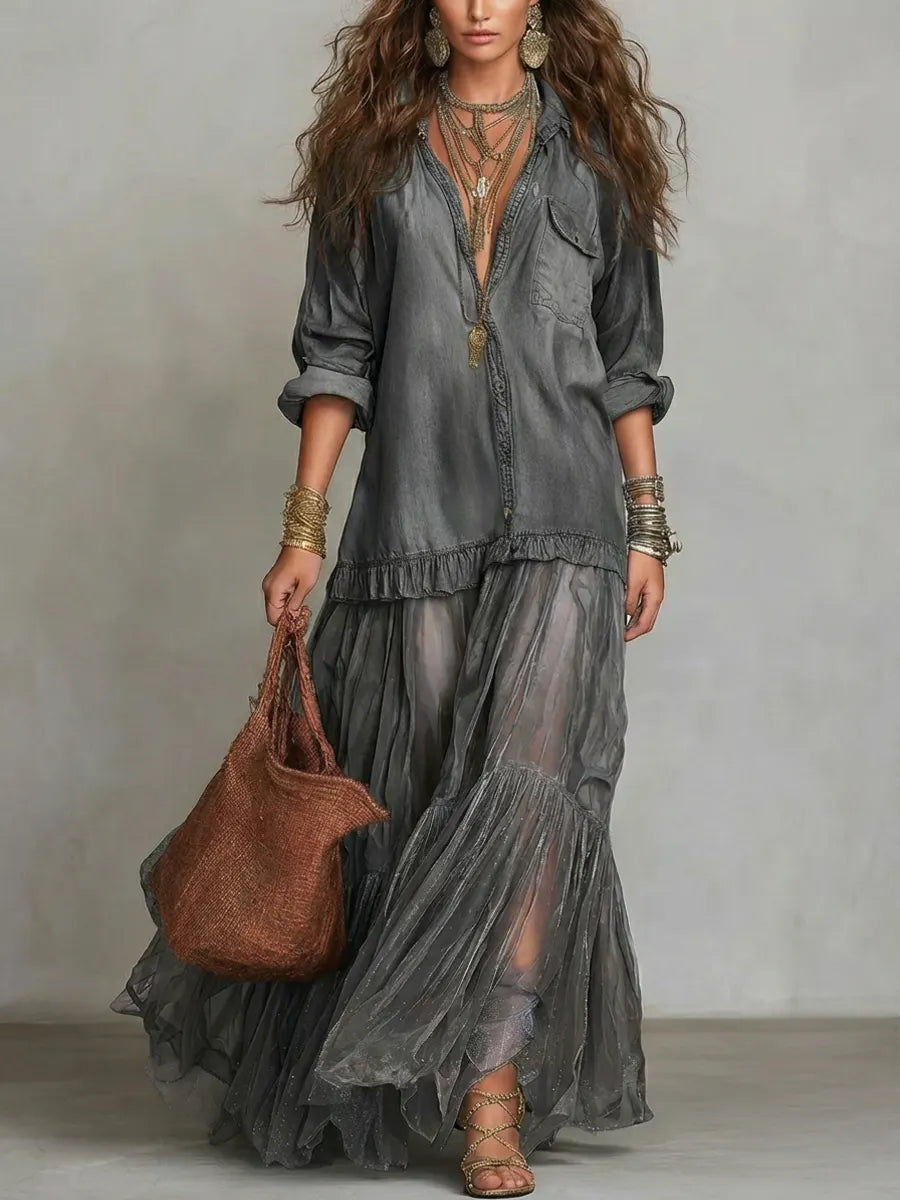 El Vestido Patchwork - Denim de alta calidad y organza de lujo.