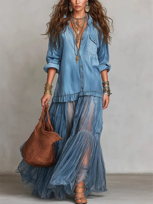 El Vestido Patchwork - Denim de alta calidad y organza de lujo.