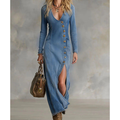 Vestido Maxi Denim Asimétrico™ -  Silueta definida, elegante y visualmente alargada.